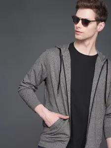 WROGN Men Grey Slim Fit Solid Hooded Sweatshirt