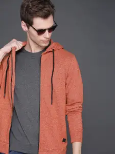 WROGN Men Rust Red Slim Fit Solid Hooded Sweatshirt