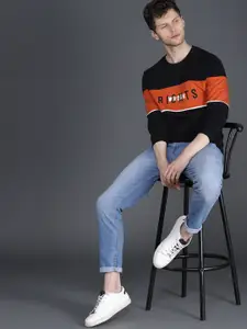 WROGN Men Black & Rust Orange Slim Fit Colourblocked Pullover Sweatshirt