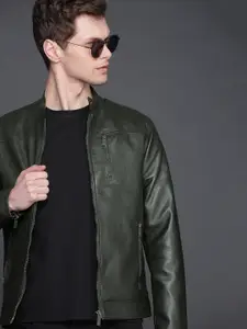 WROGN Men Olive Green Solid Slim Fit Biker Jacket