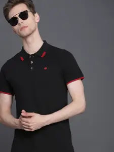 WROGN Men Black Solid Polo Collar Pure Cotton T-shirt