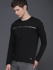 WROGN Men Black Solid Slim Fit Round Neck Pure Cotton T-shirt