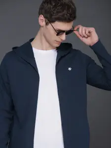 WROGN Men Navy Blue Solid Hooded Front Open Lightweight Slim Fit Sweatshirt