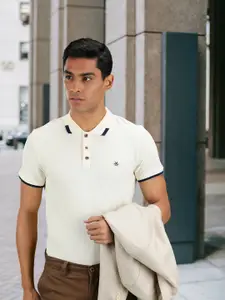 WROGN Men Cream-Coloured Solid Polo Collar Pure Cotton T-shirt