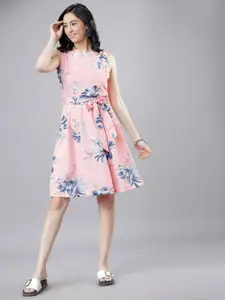 Tokyo Talkies Women Pink & Blue Floral Print Fit and Flare Dress