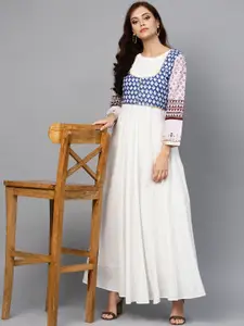 Ahalyaa Women White Blue Printed Anarkali Cotton Dress