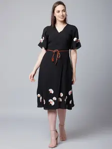 Athena Women Black Embroidered Wrap Dress