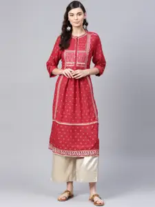 W Women Red & Golden Printed A-Line Sustainable Kurta