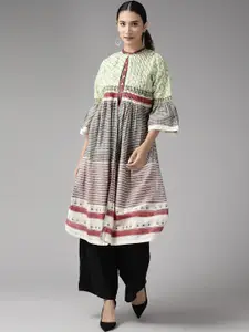 W Women Green & Maroon Striped Layered Bell Sleeves A-Line Pure Cotton Kurta
