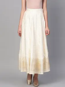 W Off-White & Golden Printed Maxi Flared Skirt