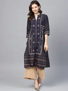 W Women Navy & Golden Printed Straight Kurta