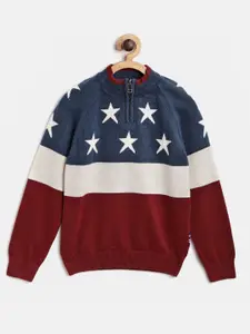 U.S. Polo Assn. Kids Boys Navy Blue & Maroon Colourblocked Pullover Sweater