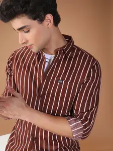 The Indian Garage Co Men Brown & White Slim Fit Striped Casual Shirt