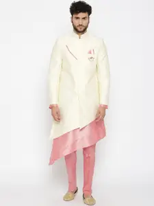 SG RAJASAHAB Men Pink & Cream-Coloured Solid Kurta with Trousers & Ethnic Jacket