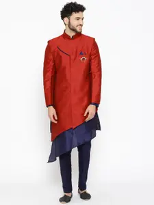 SG RAJASAHAB Men Navy Blue & Red Solid Kurta with Trousers & Ethnic Jacket