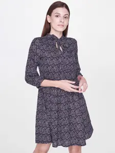 AND Women Navy Blue Floral Printed Fit and Flare Dress