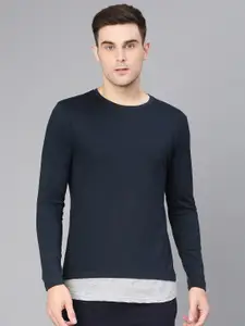 Maniac Men Navy Blue Solid Round Neck Pure Cotton T-shirt