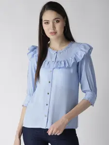 plusS Women Blue Solid Shirt Style Top