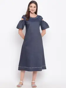 AURELIA Women Navy Blue Self-Design Denim A-Line Dress