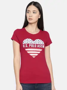 U.S. Polo Assn. Women Women Red Printed Round Neck Pure Cotton T-shirt