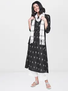 Global Desi Women Black & White Woven Design A-Line Kurta
