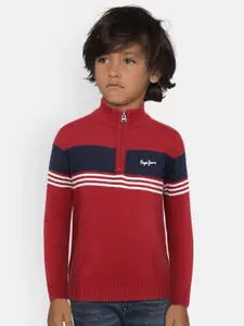 Pepe Jeans Boys Red & Navy Blue Placement Striped Pullover Sweater