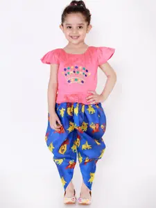 KID1 Girls Peach-Coloured & Blue Embroidered Top with Dhoti Pants