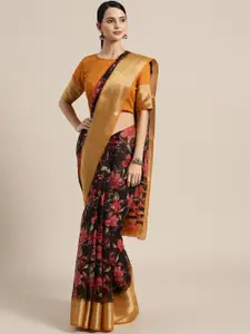 Saree mall Black & Coral Pink Printed Saree