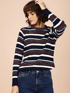 all about you Women Navy Blue  Off-White Shimmer Striped Sweater