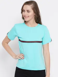 Belle Fille Women Turquoise Blue Solid Round Neck T-shirt