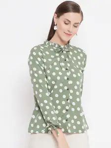 Belle Fille Women Green & White Polka Dots Print Shirt Style Top