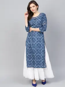 Ishin Women Blue & White Kalamkari Printed Kurta with Skirt