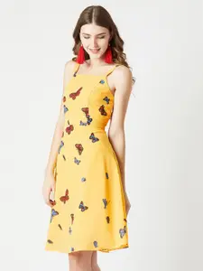 Miss Chase Women Yellow Butterfly Printed Fit and Flare Dress