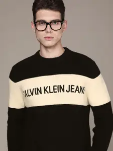 Calvin Klein Jeans Men Black & Beige Logo Printed Woollen Pullover