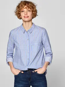 ESPRIT Women Blue & Off-White Regular Fit Striped Casual Shirt