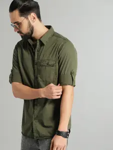 Roadster Men Olive Green Regular Fit Solid Sustainable Casual Shirt