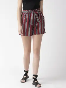 WISSTLER Women Maroon & Black Striped Regular Fit Shorts