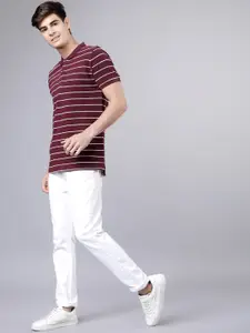 HIGHLANDER Men Maroon & White Striped Polo Collar T-shirt