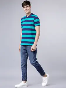 HIGHLANDER Men Blue Striped Polo Collar T-shirt