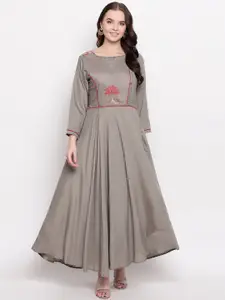 Kvsfab Women Solid Grey Embroidered Maxi Dress