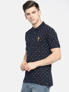U.S. Polo Assn. Men Navy Blue  White Printed Slim Fit Polo Collar Pure Cotton T-shirt