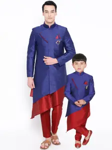 SG YUVRAJ Boys Navy Blue & Red Self Design Kurta with Trousers