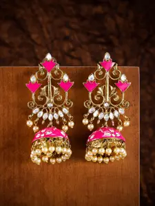 Zaveri Pearls Gold-Toned & Magenta Enamelled Dome Shaped Jhumkas