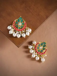Zaveri Pearls Gold-Toned & Green Crescent Shaped Enamelled Chandbalis