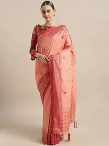 Kvsfab Peach-Coloured & Red Silk Blend Printed Saree