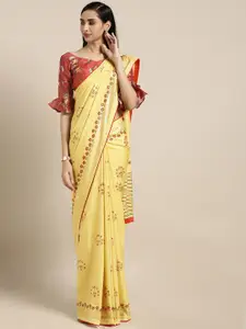 Kvsfab Yellow & Red Silk Blend Printed Saree