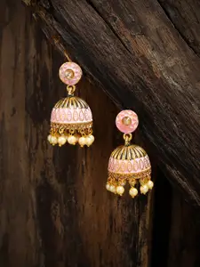 Zaveri Pearls Gold-Toned & Pink Dome Shaped Jhumkas