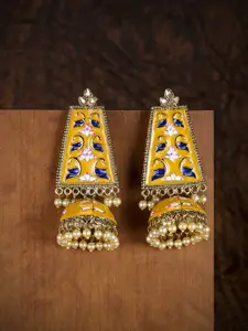 Zaveri Pearls Gold-Toned & Yellow Dome Shaped Enamelled Jhumkas