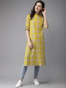 Anouk Women Mustard Yellow & Beige Printed A-Line Kurta