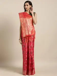 Varkala Silk Sarees Coral Pink & Orange Silk Blend Woven Design Banarasi Saree